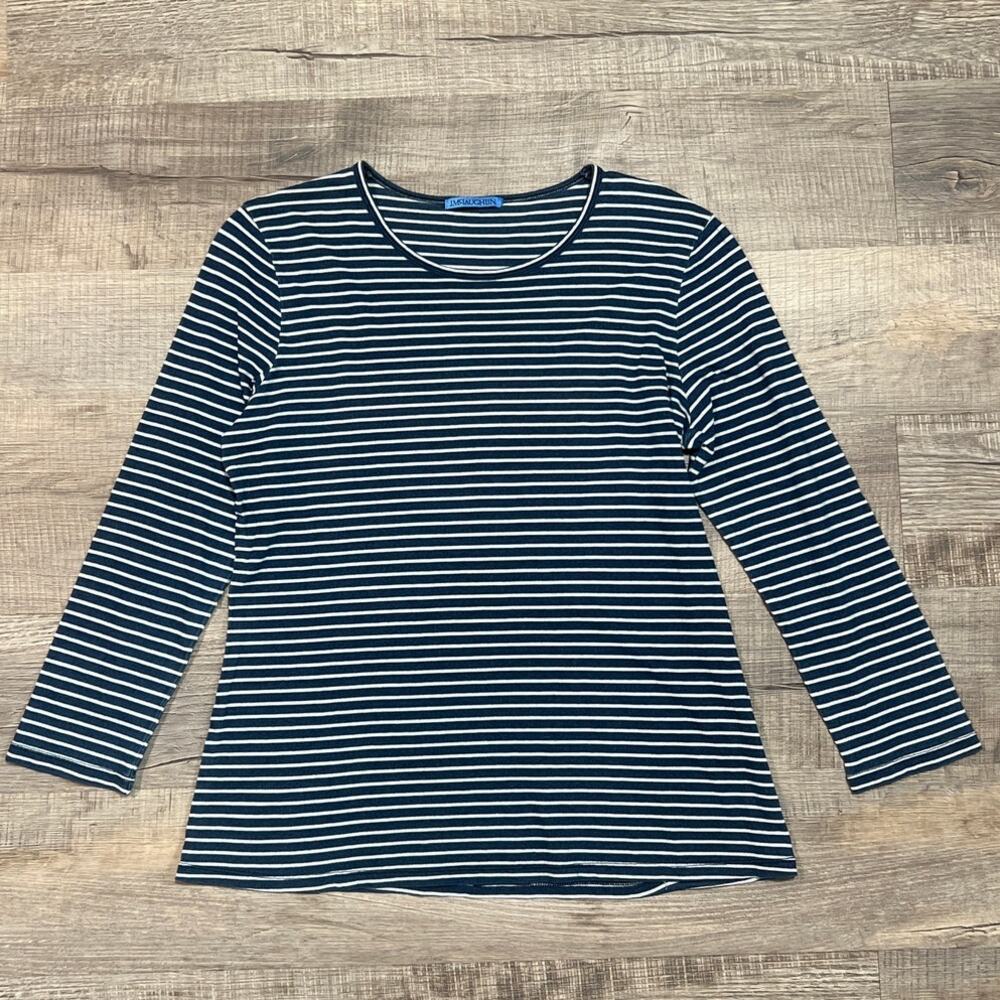 J McLaughlin Size Large Cotton Knit Long Sleeve Shirt Striped Navy Blue White